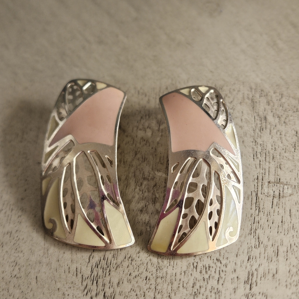 Vintage Earrings Cloisonne Chunky Rectangular Earrings Pink Copper Gold 80s